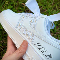 Custom Air Force 1 White With Pearls And Ribbons