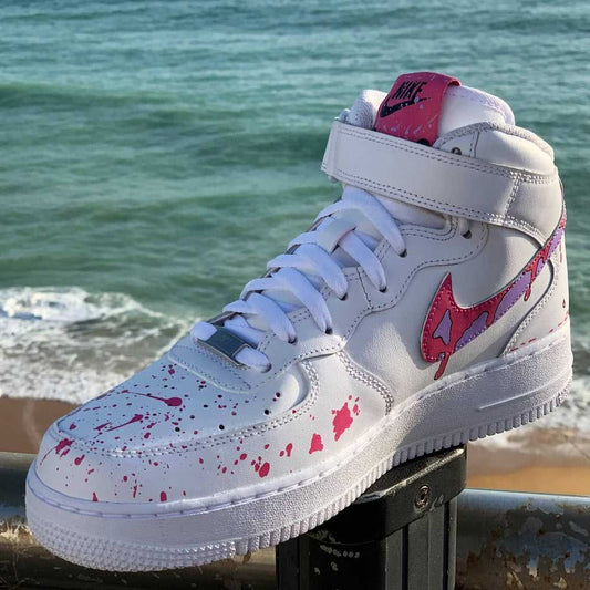 Custom Air Force 1 White With Pink Splatter And Pink Nike Logo
