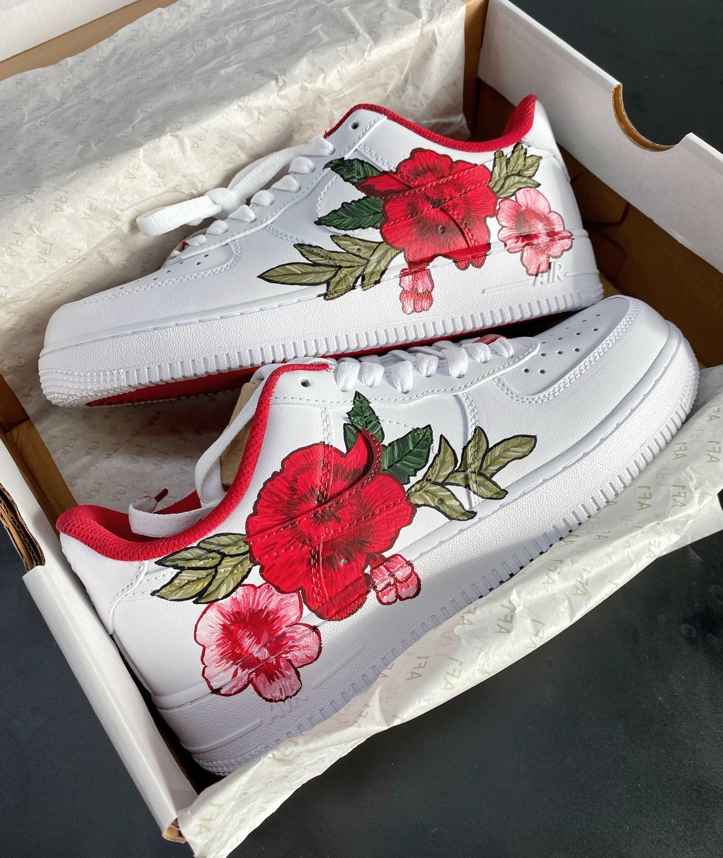 Custom Air Force 1 White With Red And Pink Floral Design