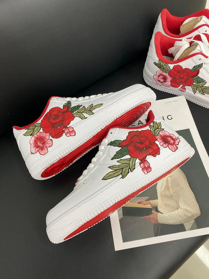 Custom Air Force 1 White With Red And Pink Floral Design