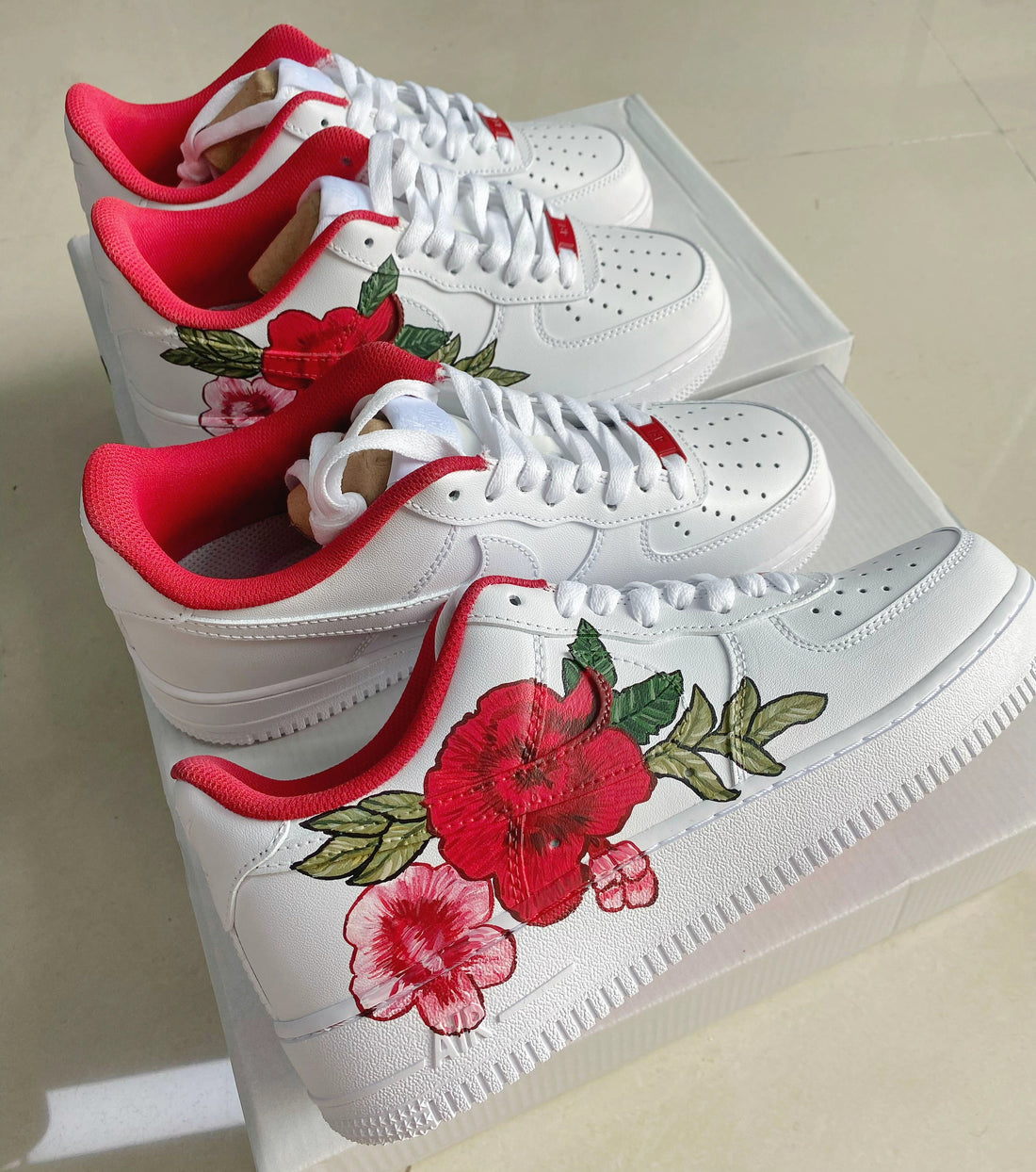 Custom Air Force 1 White With Red And Pink Floral Design