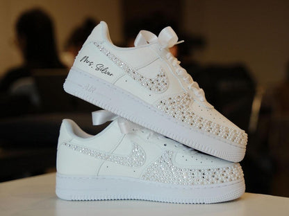 Custom Air Force 1 White With Rhinestones And Pearls And Personalized Name