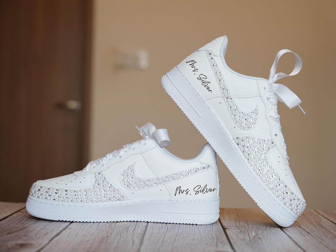 Custom Air Force 1 White With Rhinestones And Pearls And Personalized Name