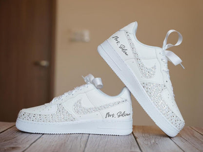 Custom Air Force 1 White With Rhinestones And Pearls And Personalized Name