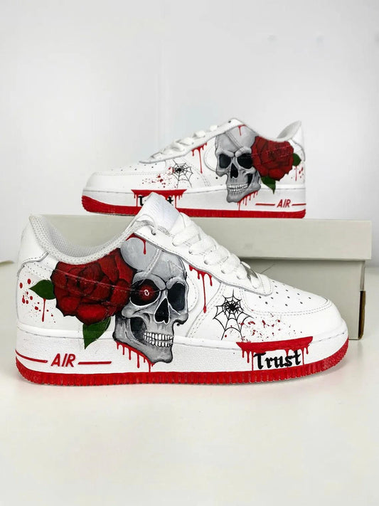 Custom Air Force 1 White with Skull Rose and Spider Web Design