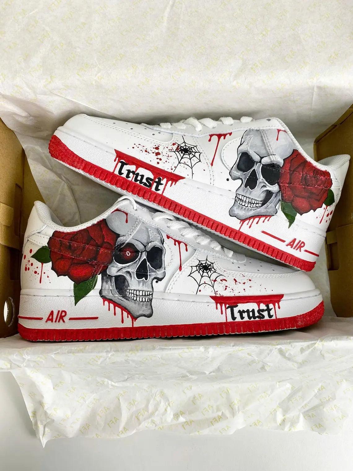 Custom Air Force 1 White with Skull Rose and Spider Web Design