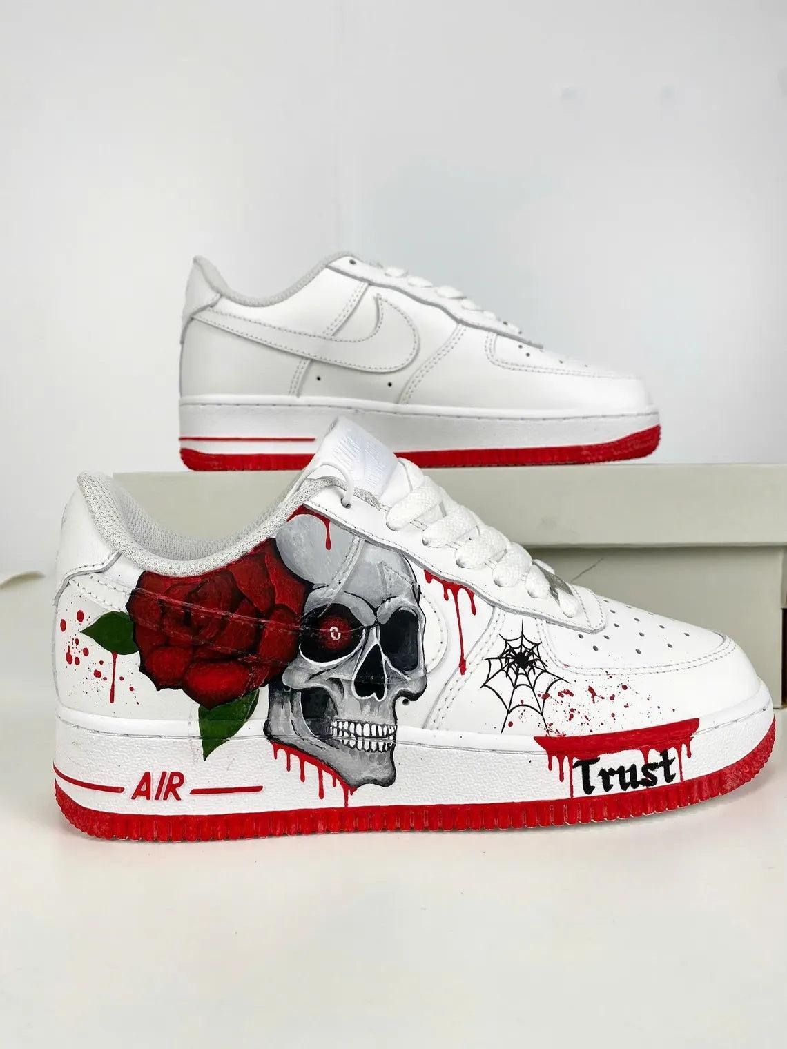 Custom Air Force 1 White with Skull Rose and Spider Web Design