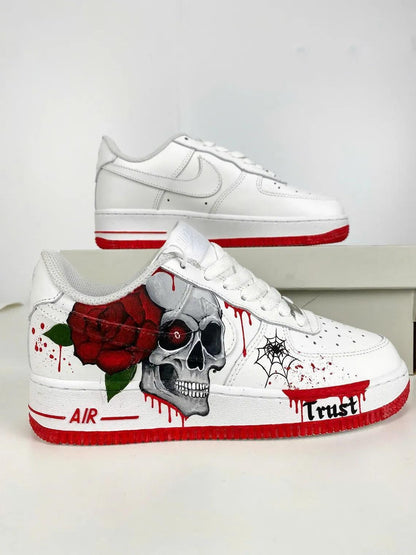 Custom Air Force 1 White with Skull Rose and Spider Web Design