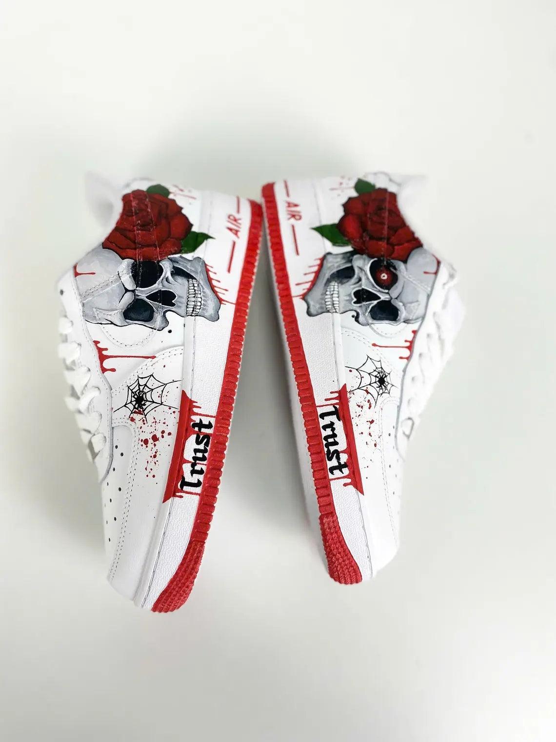 Custom Air Force 1 White with Skull Rose and Spider Web Design