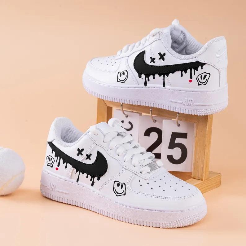 Custom Air Force 1 White With Smiley Face And Dripping Swoosh