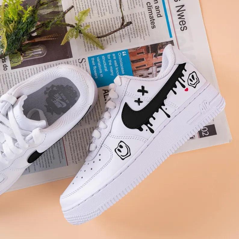 Custom Air Force 1 White With Smiley Face And Dripping Swoosh