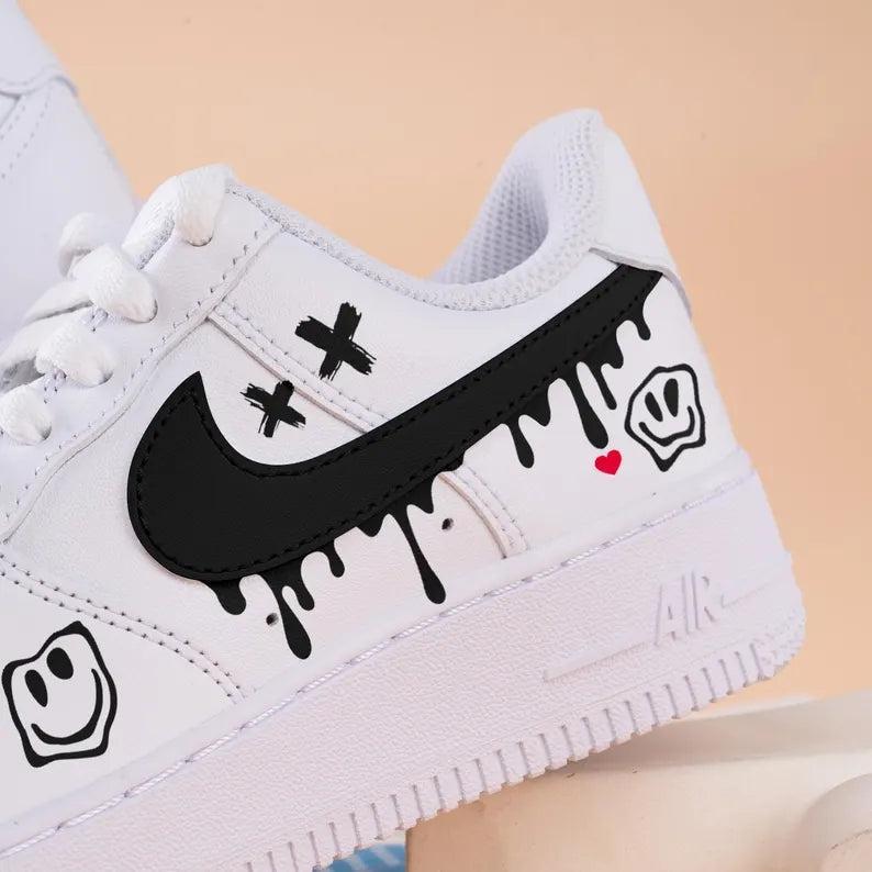 Custom Air Force 1 White With Smiley Face And Dripping Swoosh