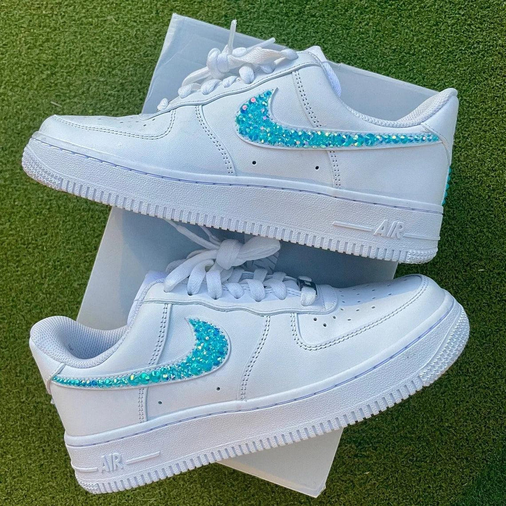 Custom Air Force 1 White With Teal Rhinestones