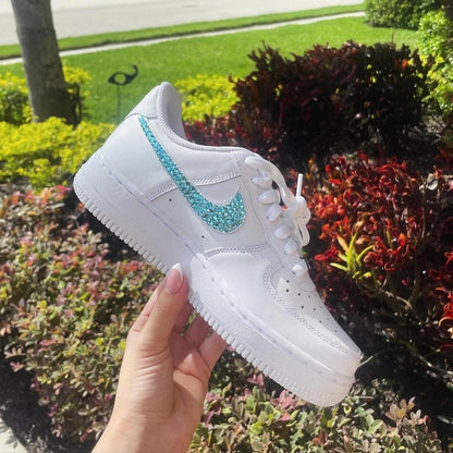 Custom Air Force 1 White With Teal Rhinestones