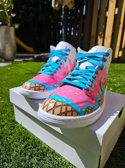Custom Air Jordan 1 Baby Pink And Blue With Ice - Cream Pattern