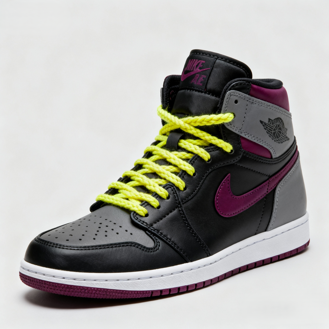 Custom Air Jordan 1 Black Gray And Magenta With Yellow Laces