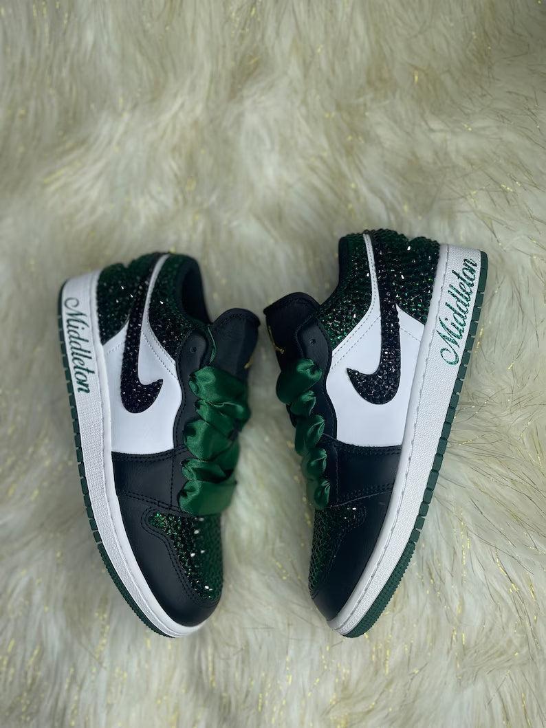 Custom Air Jordan 1 Black Green Rhinestones Satin Laces