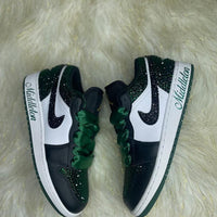 Custom Air Jordan 1 Black Green Rhinestones Satin Laces