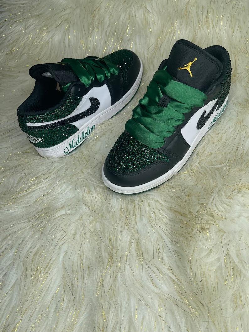 Custom Air Jordan 1 Black Green Rhinestones Satin Laces