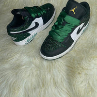 Custom Air Jordan 1 Black Green Rhinestones Satin Laces