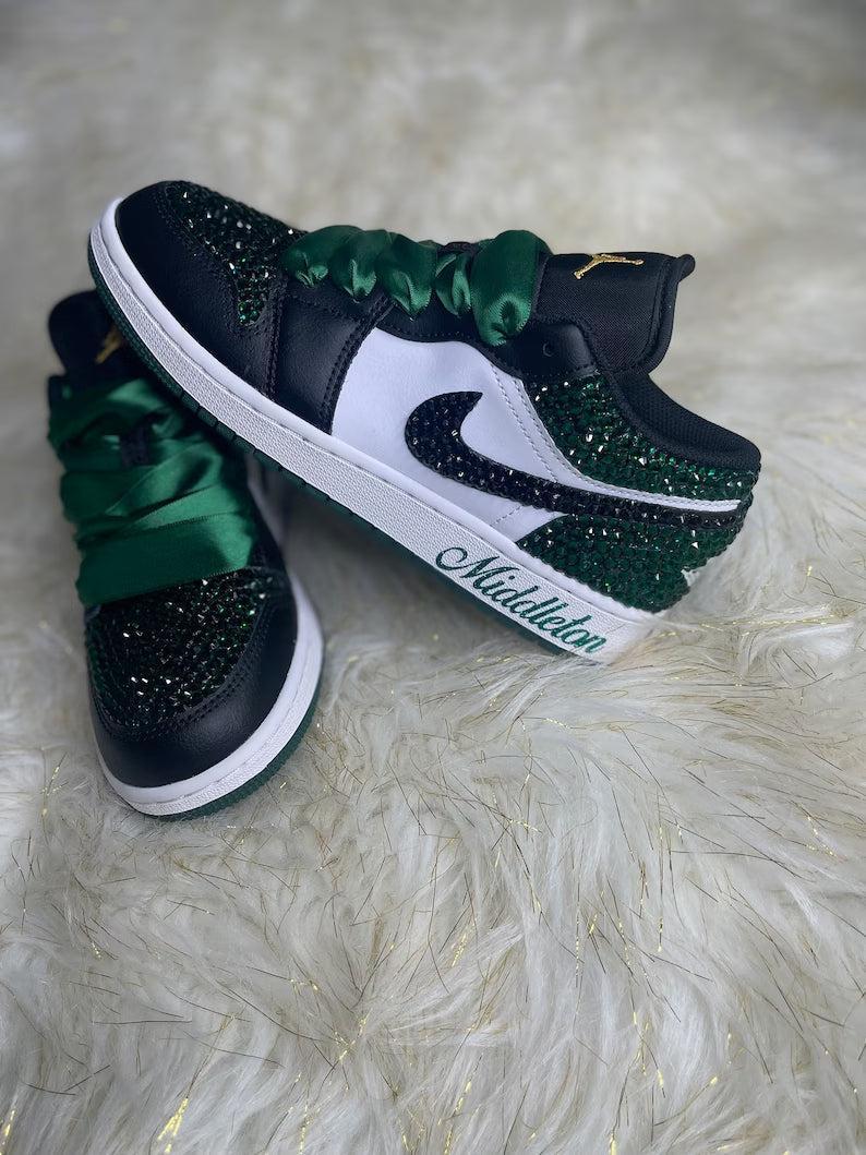 Custom Air Jordan 1 Black Green Rhinestones Satin Laces