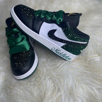 Custom Air Jordan 1 Black Green Rhinestones Satin Laces