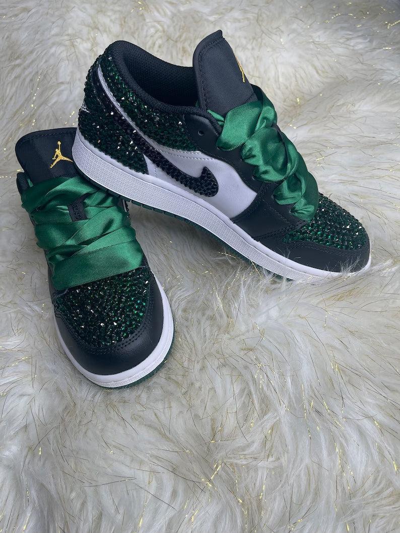 Custom Air Jordan 1 Black Green Rhinestones Satin Laces