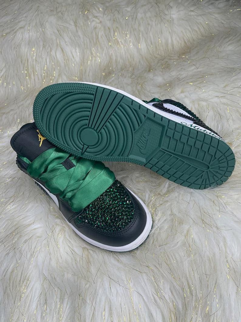 Custom Air Jordan 1 Black Green Rhinestones Satin Laces