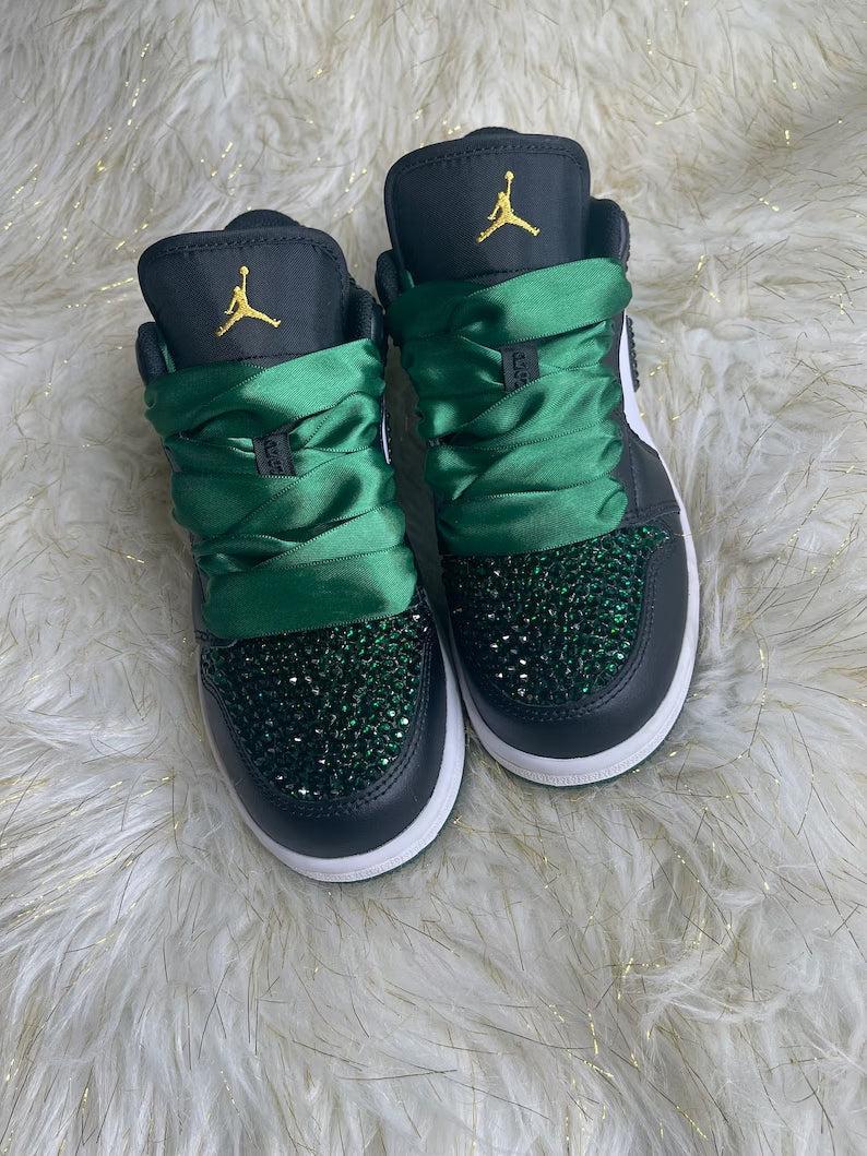 Custom Air Jordan 1 Black Green Rhinestones Satin Laces