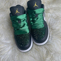 Custom Air Jordan 1 Black Green Rhinestones Satin Laces