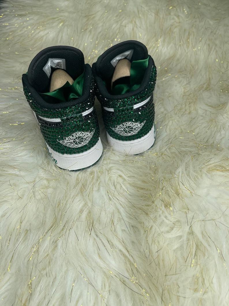 Custom Air Jordan 1 Black Green Rhinestones Satin Laces