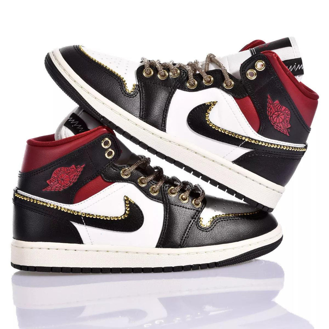 Custom Air Jordan 1 Black White And Red With Gold - Embellished Detailing