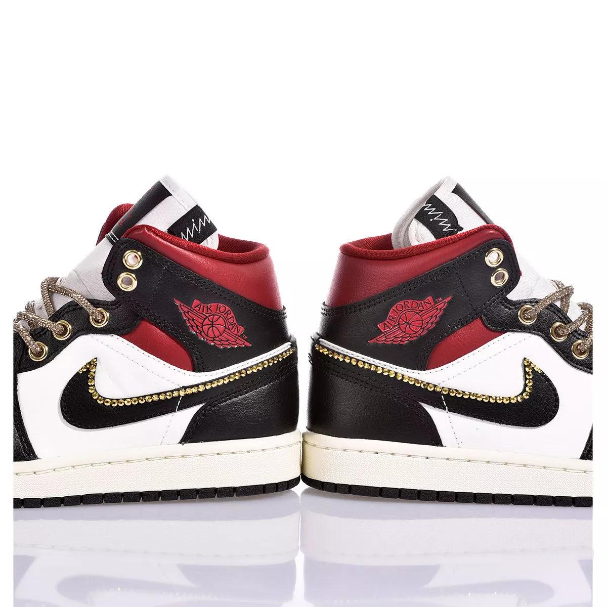 Custom Air Jordan 1 Black White And Red With Gold - Embellished Detailing