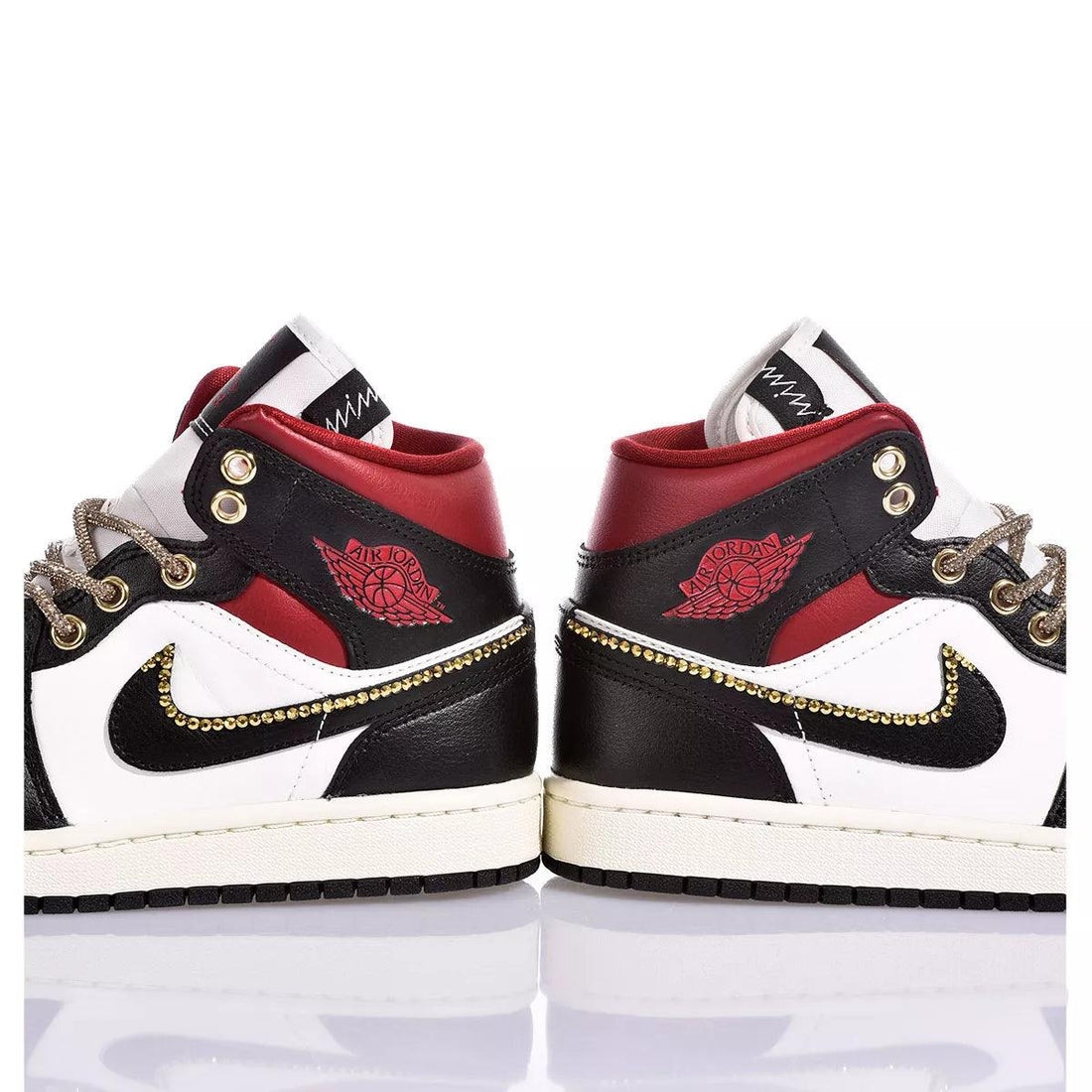 Custom Air Jordan 1 Black White And Red With Gold - Embellished Detailing