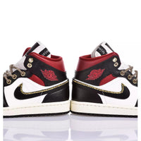 Custom Air Jordan 1 Black White And Red With Gold - Embellished Detailing