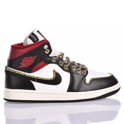 Custom Air Jordan 1 Black White And Red With Gold - Embellished Detailing