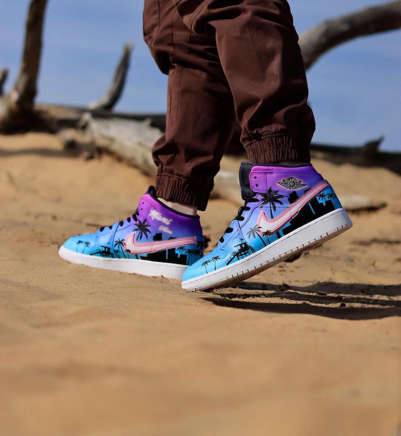 Custom Air Jordan 1 Blue And Purple With Palm Tree Pattern