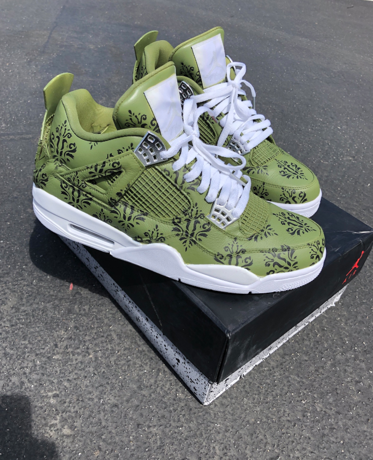 Custom Air Jordan 1 Olive Green With Black Floral Patterns