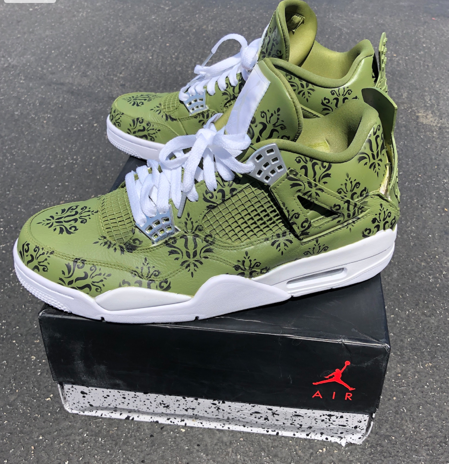 Custom Air Jordan 1 Olive Green With Black Floral Patterns