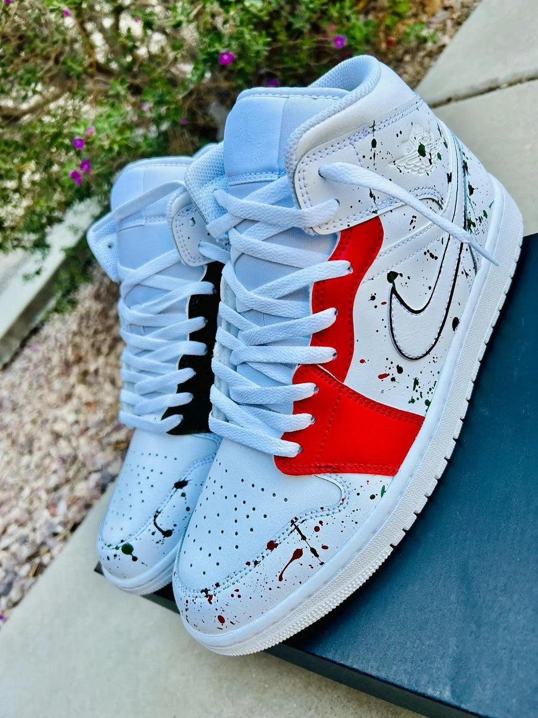 Custom Air Jordan 1 Red Dark Blue With Splatter Pattern