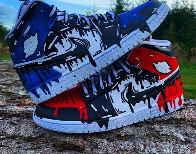 Custom Air Jordan 1 Shoes Drip Pattern Blue And Red