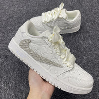Custom Air Jordan 1 Travis Scott White LV Swoosh With Rhinestones