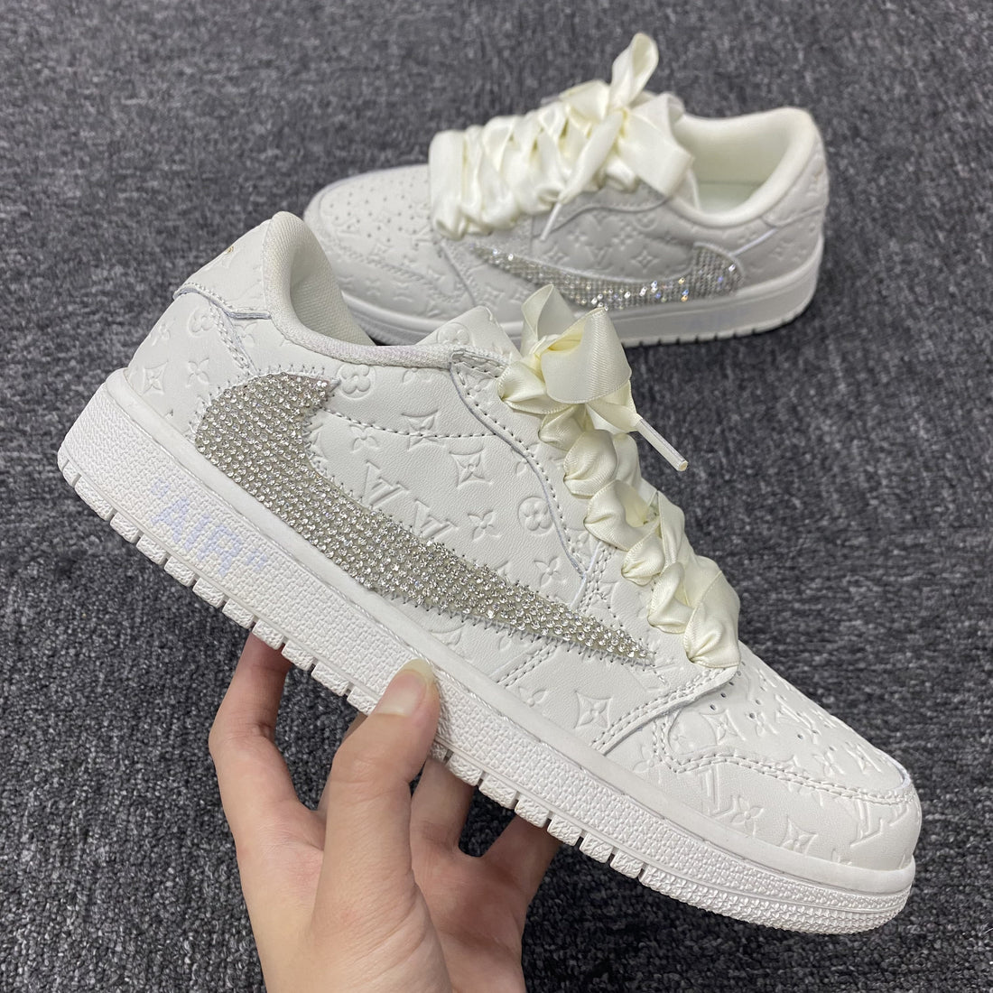 Custom Air Jordan 1 Travis Scott White LV Swoosh With Rhinestones