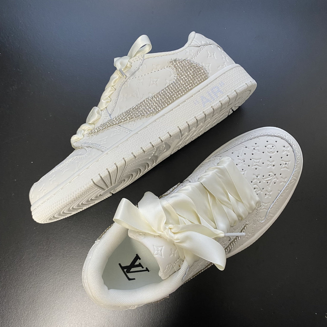 Custom Air Jordan 1 Travis Scott White LV Swoosh With Rhinestones
