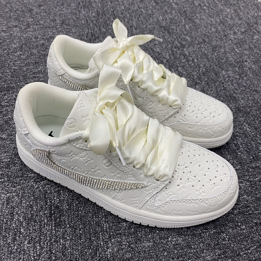 Custom Air Jordan 1 Travis Scott White LV Swoosh With Rhinestones