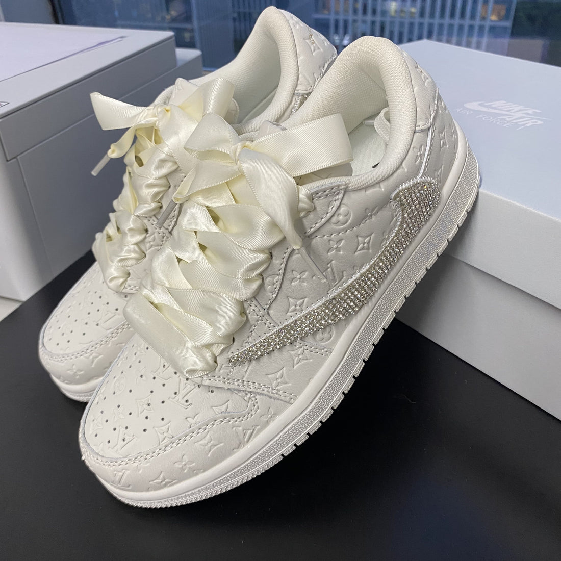 Custom Air Jordan 1 Travis Scott White LV Swoosh With Rhinestones