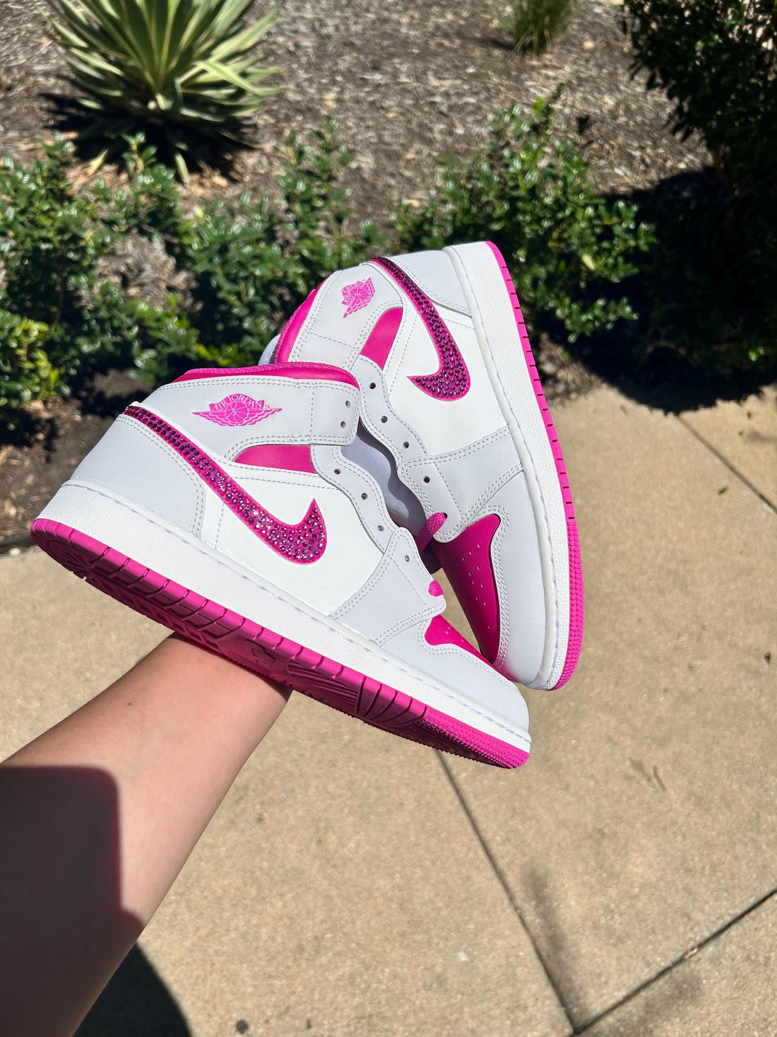 Custom Air Jordan 1 White And Hot Pink With Rhinestone Swoosh