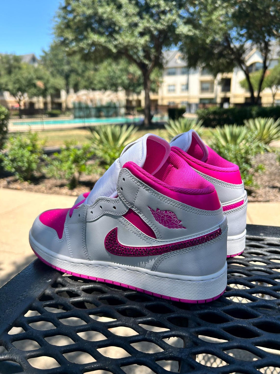 Custom Air Jordan 1 White And Hot Pink With Rhinestone Swoosh