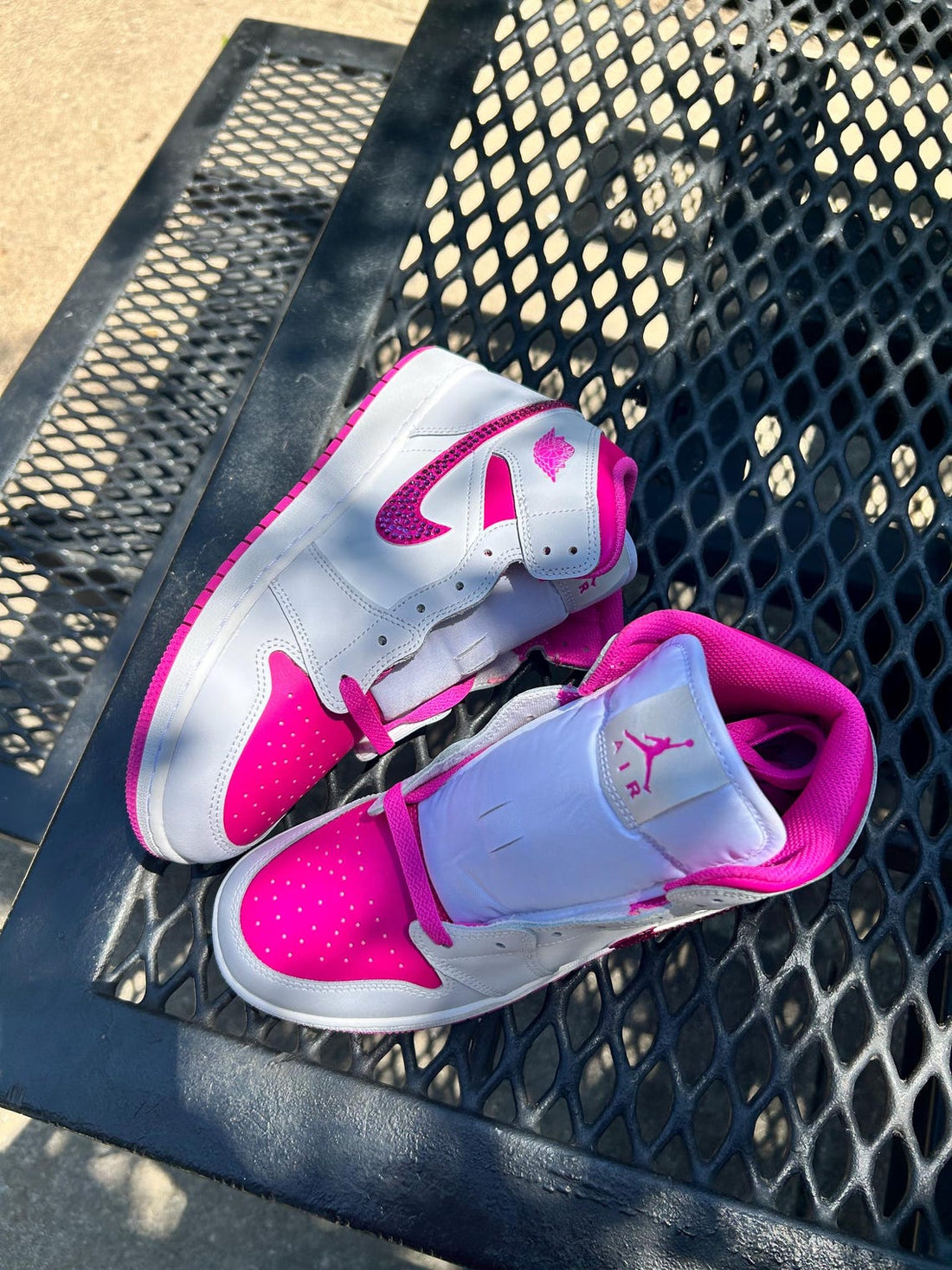 Custom Air Jordan 1 White And Hot Pink With Rhinestone Swoosh