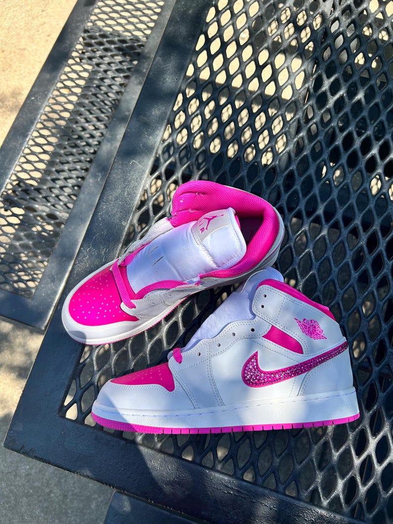 Custom Air Jordan 1 White And Hot Pink With Rhinestone Swoosh
